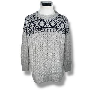 Aran Crafts Jacquard Pullover Sweater Women’s XL Gray Blue Merino Wool Knit New
